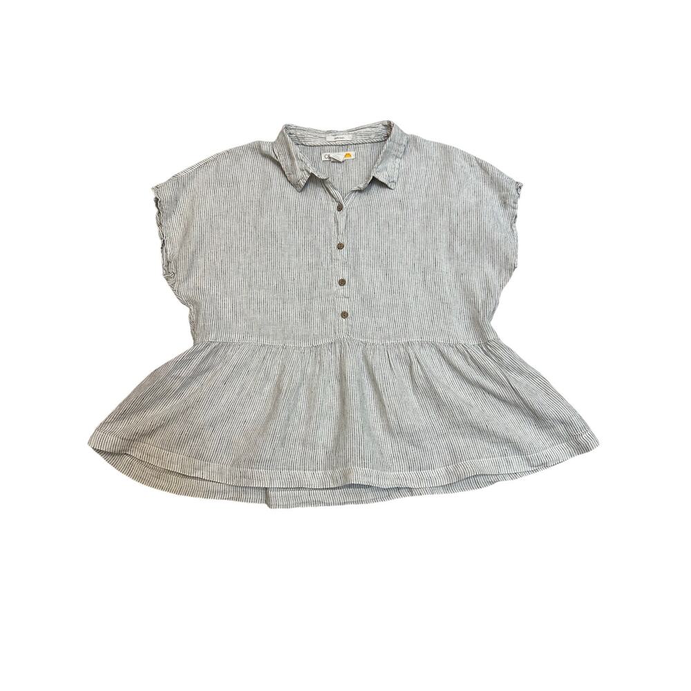 C&CCalifornia 100% Linen Striped Peplum Blouse Women's Large Gray White Collared